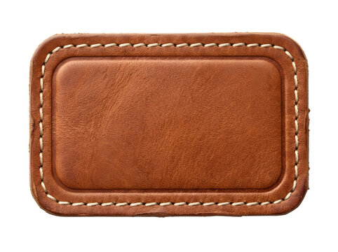 Vintage brown leather patch with white stitching, blank rectangular leather label, textured tan leather tag for apparel branding