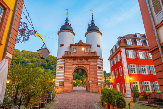 Historic Old Bridge and twin towered bridge gate in Heidelberg, Germany