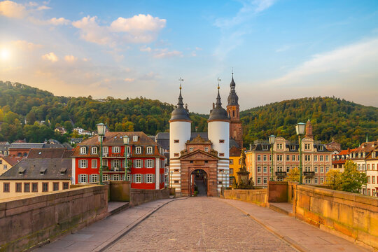 Historic Old Bridge and twin towered bridge gate in Heidelberg, Germany