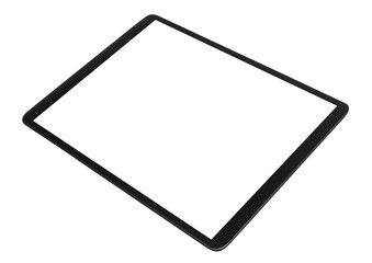 Black tablet with blank screen in perspective view, isolated on transparent cutout background © Yeti Studio