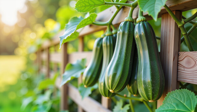 Green zucchini growing on garden trellis in a backyard vegetable patch  