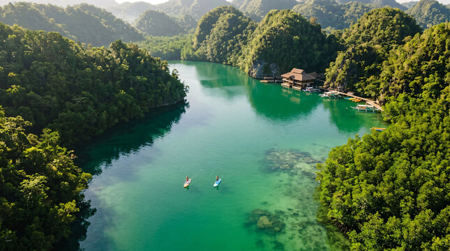 Aerial view of a secluded emerald lagoon surrounded by dense tropical forest, limestone cliffs, boats, and paddleboarders