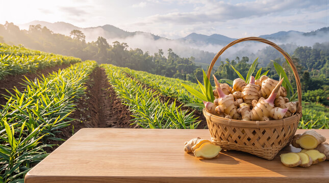 Fresh ginger from the farm, a bamboo basket of freshly harvested ginger rhizomes and ginger slices on a wooden table, conveying the harvest of ginger from the field and honoring quality ginger-based 