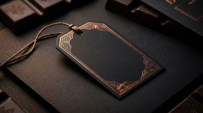 A close-up of a black and copper ornate blank price tag resting on dark chocolate pieces with a twine string attached.