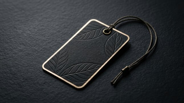 A black rectangular tag with embossed leaf patterns and a black string attached, placed on a dark textured surface.