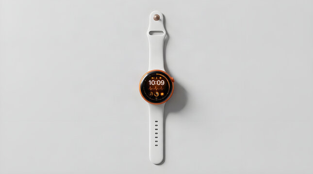 Sleek minimalist orange smartwatch featuring digital display and white silicone band resting vertically against smooth light grey studio background for modern technology advertising concepts and comme