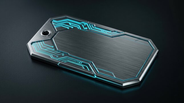 A sleek metallic dog tag with illuminated blue circuit patterns on a dark background, symbolizing technology and digital identity.