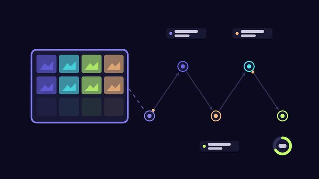 Animated thumbnail sprite sheet concept in a modern dark mode style, sampling frames in a smooth 4K seamless loop. Neon blue and azure accents, flowing dots and placeholder interface cards on a dark b