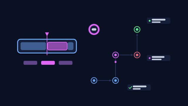 Animated ad marker insertion concept in a modern dark mode style, splicing breaks in a smooth 4K seamless loop. Neon blue and azure accents, flowing dots and placeholder interface cards on a dark back