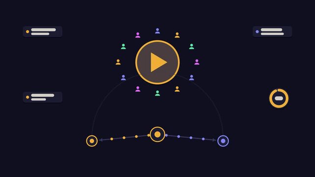 Animated viewer concurrency scale concept in a modern dark mode style, absorbing audiences in a smooth 4K seamless loop. Neon orange and amber accents, flowing dots and placeholder interface cards on 