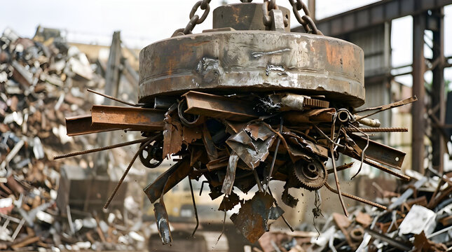 Industrial scrap metal lifting electromagnet loaded with heavy rusty steel fragments in a recycling yard during daytime operations illustrating metal recovery processes and manufacturing material hand