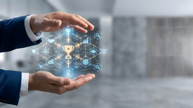 Businessman hands holding glowing digital trophy icon and business network symbols representing success leadership achievement corporate growth strategy and innovative technology concepts