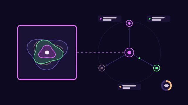 Animated isochrone zones concept in a modern dark mode style, expanding reach in a smooth 4K seamless loop. Neon purple and violet accents, flowing dots and placeholder interface cards on a dark backg