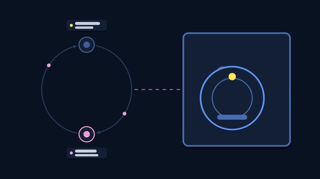 Animated robot vacuum schedule concept in a modern dark mode style, cleaning rooms in a smooth 4K seamless loop. Neon blue and azure accents, flowing dots and placeholder interface cards on a dark bac