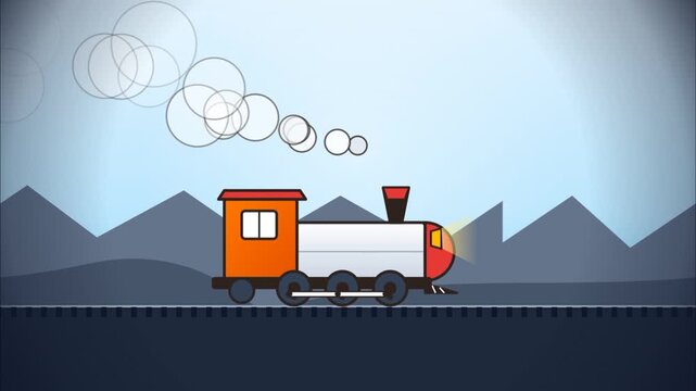 Animated cartoon train moving on tracks with smoke and mountains background