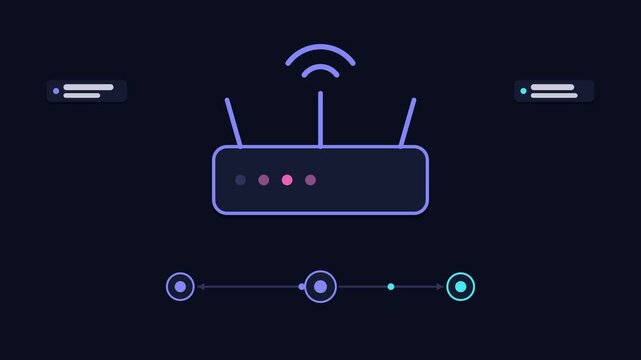 Seamless 4K looping animation explaining router home setup, with the diagram connecting devices. Flat vector shapes, glowing blue and azure connector lines and dark UI cards with blank text placeholde