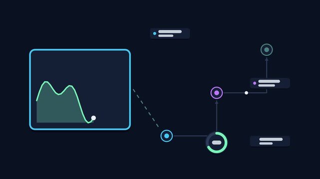 Seamless 4K looping animation explaining elevation profile build, with the diagram sampling terrain. Flat vector shapes, glowing blue and azure connector lines and dark UI cards with blank text placeh