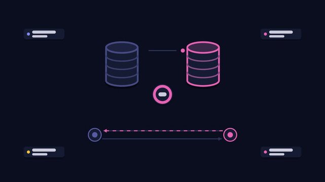 Seamless 4K looping animation explaining disaster recovery drill, with the diagram switching regions. Flat vector shapes, glowing blue and azure connector lines and dark UI cards with blank text place