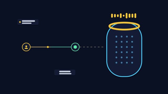 Seamless 4K looping animation explaining voice assistant command, with the diagram triggering actions. Flat vector shapes, glowing blue and azure connector lines and dark UI cards with blank text plac