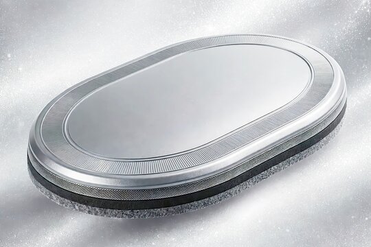 Modern oval chrome metallic pocket mirror on smooth silk background  