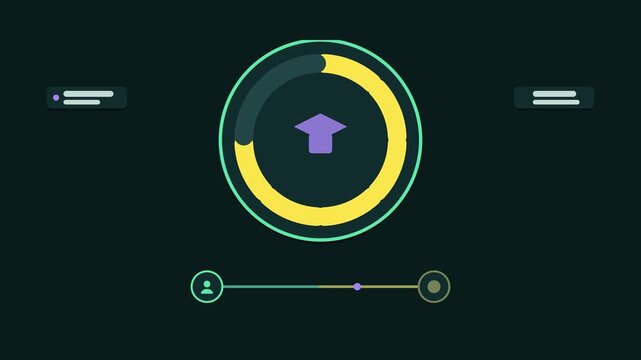 Seamless 4K looping animation explaining online course progress, with the diagram completing modules. Flat vector shapes, glowing bright green connector lines and dark UI cards with blank text placeho