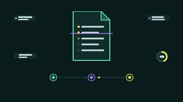 Seamless 4K looping animation explaining ocr text extraction, with the diagram reading scans. Flat vector shapes, glowing teal and turquoise connector lines and dark UI cards with blank text placehold