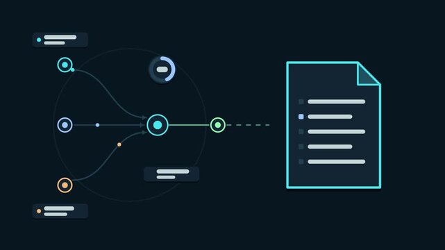 Seamless 4K looping animation explaining template merge run, with the diagram filling documents. Flat vector shapes, glowing teal and turquoise connector lines and dark UI cards with blank text placeh