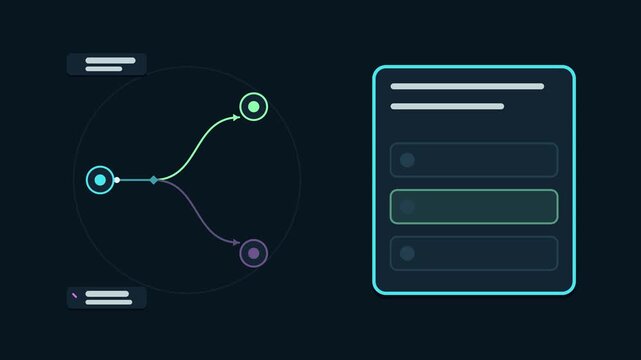 Animated quiz answer check concept in a modern dark mode style, grading responses in a smooth 4K seamless loop. Neon teal and turquoise accents, flowing dots and placeholder interface cards on a dark 