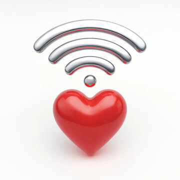 A 3d rendered shiny red heart shape combined with metallic silver wifi signal icon for internet connectivity transparent background