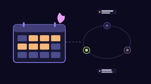 Seamless 4K looping animation explaining language learning streak, with the diagram repeating practice. Flat vector shapes, glowing blue and azure connector lines and dark UI cards with blank text pla