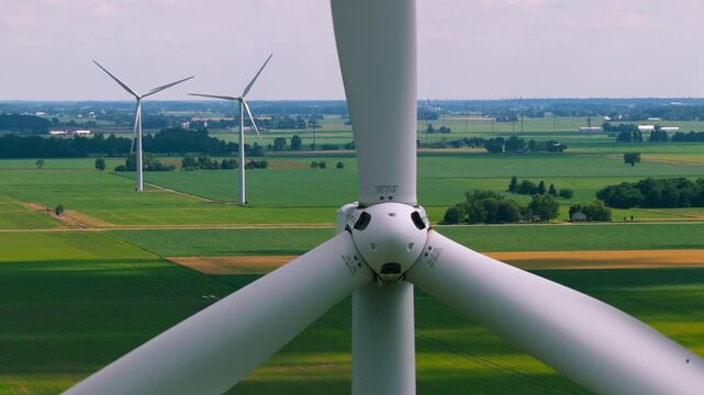 Wind turbine propeller producing renewable green energy close up view.