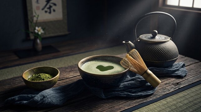 Traditional Japanese Tea Set with Matcha Tea and Bamboo Whisk in Zen Room