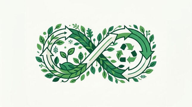Green infinity symbol formed by recycling arrows and lush leaves for nature conservation