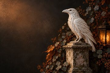 Fototapeta premium White Raven Sentinel: A majestic white raven perched atop an ornate stone pillar, illuminated by the soft glow of a nearby lantern, gazes out into the mysterious twilight.