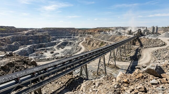 Industrial stone quarry with conveyor belt and heavy machinery in pit