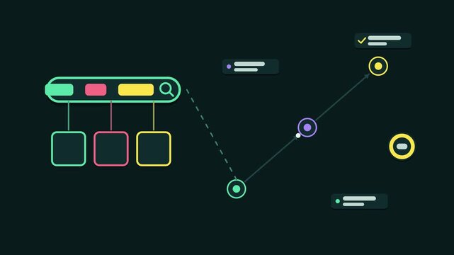 Animated query parsing stages concept in a modern dark mode style, tokenizing input in a smooth 4K seamless loop. Neon bright green accents, flowing dots and placeholder interface cards on a dark back