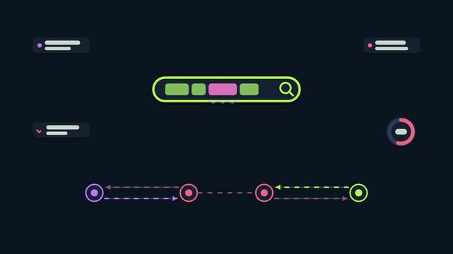 Seamless 4K looping animation explaining typo tolerance matching, with the diagram correcting queries. Flat vector shapes, glowing bright green connector lines and dark UI cards with blank text placeh