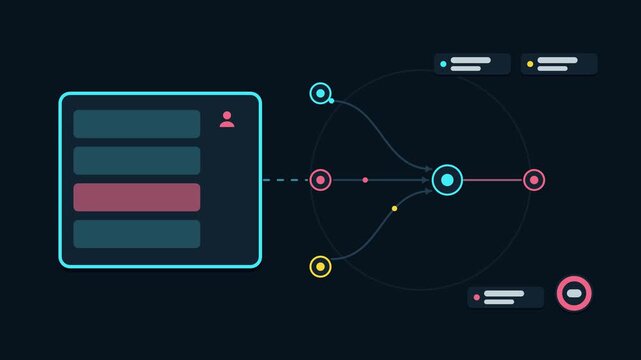 Animated personalization layer concept in a modern dark mode style, tailoring results in a smooth 4K seamless loop. Neon teal and turquoise accents, flowing dots and placeholder interface cards on a d