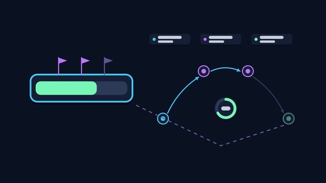 Animated task checkpoint resume concept in a modern dark mode style, continuing progress in a smooth 4K seamless loop. Neon blue and azure accents, flowing dots and placeholder interface cards on a da