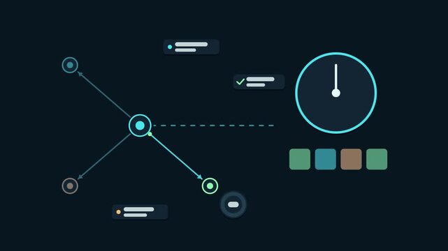 Seamless 4K looping animation explaining job scheduler dispatch, with the diagram assigning workers. Flat vector shapes, glowing teal and turquoise connector lines and dark UI cards with blank text pl
