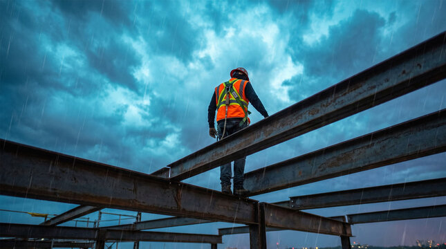 Construction Worker in High-Vis Vest and Harness Walking Along Steel Girder in Rain