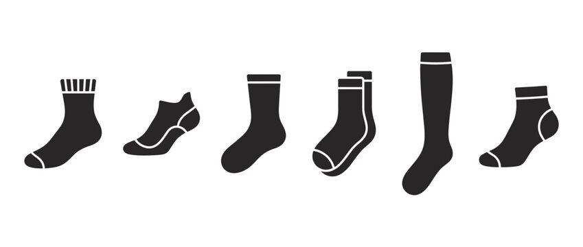 Black socks with different cuff styles isolated on white background. Footwear accessories for men and women. Ankle, calf, knee-high, crew, no-show, tabbed socks. Vector illustration.
