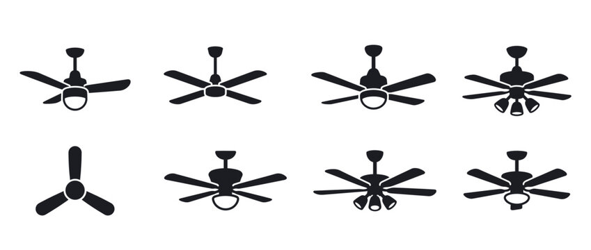 Ceiling fan designs with various blade styles. Modern ceiling fan silhouettes isolated on transparent background. Four, Five, Six, Seven, Eight blade fans. Black and white vector illustration.