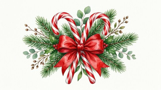 Watercolor Christmas Candy Canes with Red Bow and Evergreen Branches Illustration Isolated on White Background