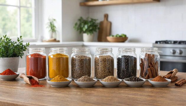 Assortment of various dried spices and herbs in glass jars and small ceramic bowls on a wooden kitchen table transparent background