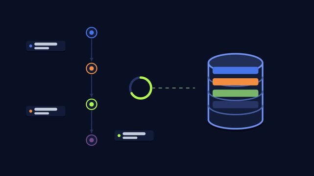 Seamless 4K looping animation explaining test data seeding, with the diagram populating fixtures. Flat vector shapes, glowing blue and azure connector lines and dark UI cards with blank text placehold