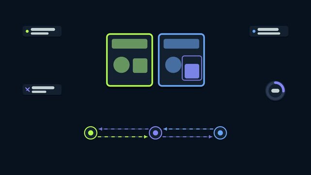 Animated visual diff check concept in a modern dark mode style, spotting regressions in a smooth 4K seamless loop. Neon blue and azure accents, flowing dots and placeholder interface cards on a dark b