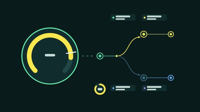Seamless 4K looping animation explaining coverage gate threshold, with the diagram blocking merges. Flat vector shapes, glowing teal and turquoise connector lines and dark UI cards with blank text pla