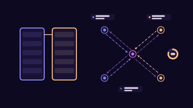 Animated staging parity check concept in a modern dark mode style, matching environments in a smooth 4K seamless loop. Neon blue and azure accents, flowing dots and placeholder interface cards on a da
