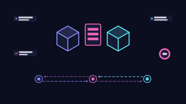 Animated contract testing pair concept in a modern dark mode style, verifying interfaces in a smooth 4K seamless loop. Neon blue and azure accents, flowing dots and placeholder interface cards on a da